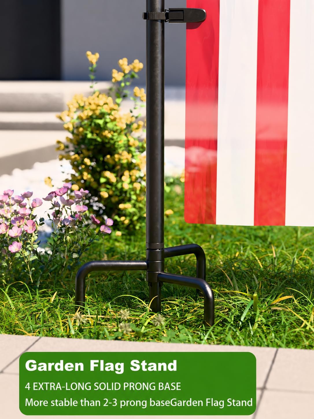 Garden Flag Stand Holder 63" Stainless Steel Pole for 28 x 40 Flags | 3/4" Diameter with Shepherd Hooks and 4-Prong