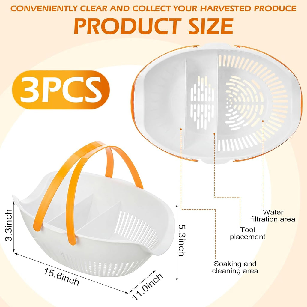 Nuogo 3 Pcs Garden Harvest Basket with Dividers Tool Caddy,White | Removable Partitions, Doubles Colander for Veggies