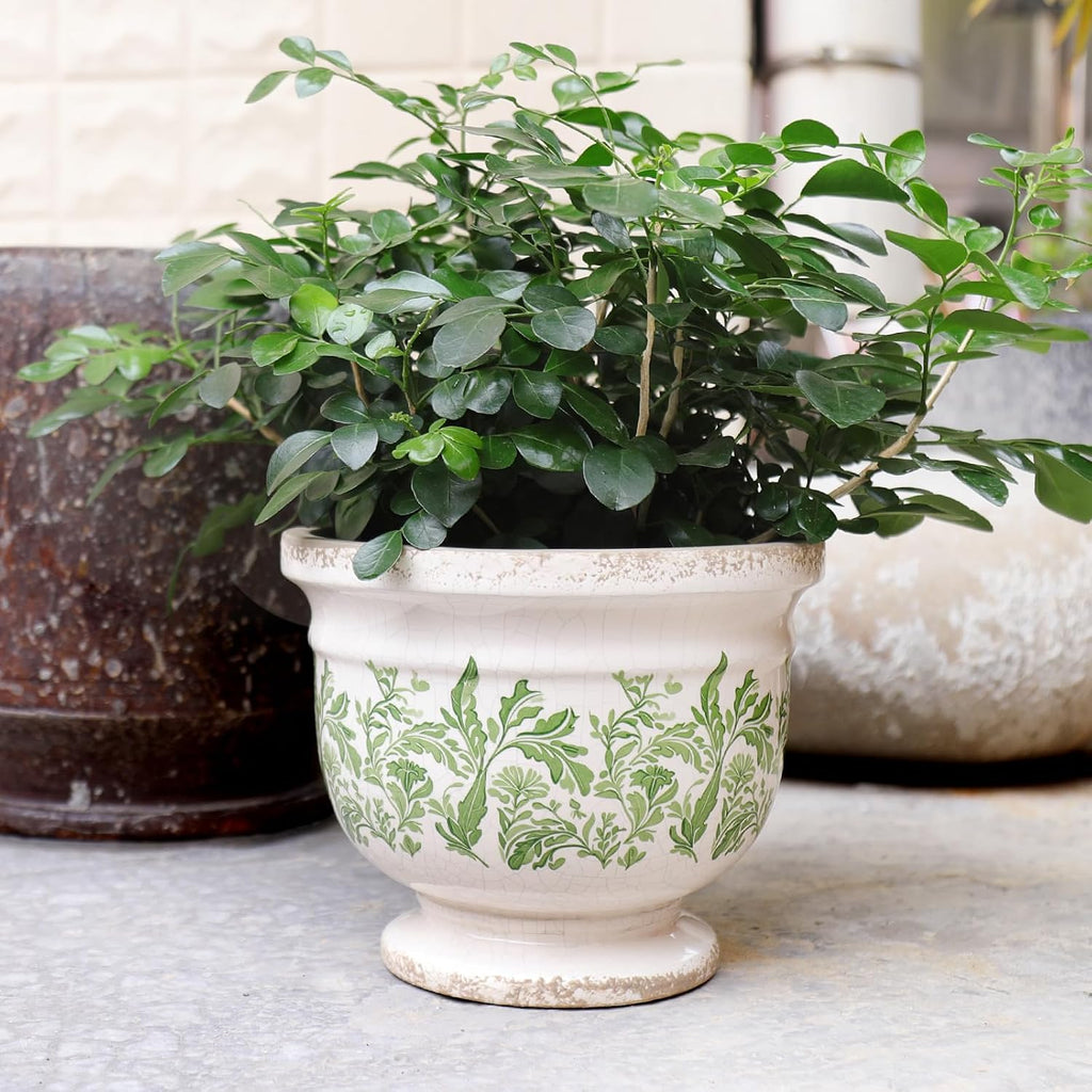Vintage Ceramic Planter Pot with Drainage, 6.8 Inch Large Crackle Glaze Flower Pot with Green Floral Leaf Pattern for