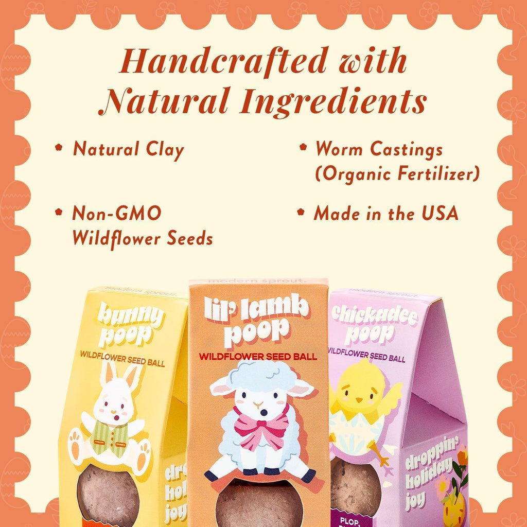 Modern Sprout Wildflower Seed Ball Poop - Non-GMO Seed Bombs, Pack of 3 | Eco-Friendly Hand-Rolled Clay Gardening Gift