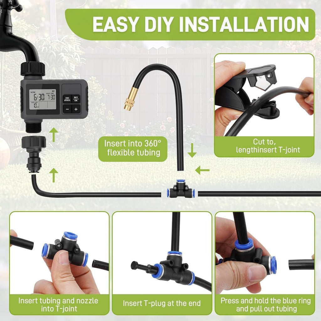66FT Drip Irrigation System with Water Timer, Automatic Garden Watering Kit | with Flexible 360° Bendable Tubing and