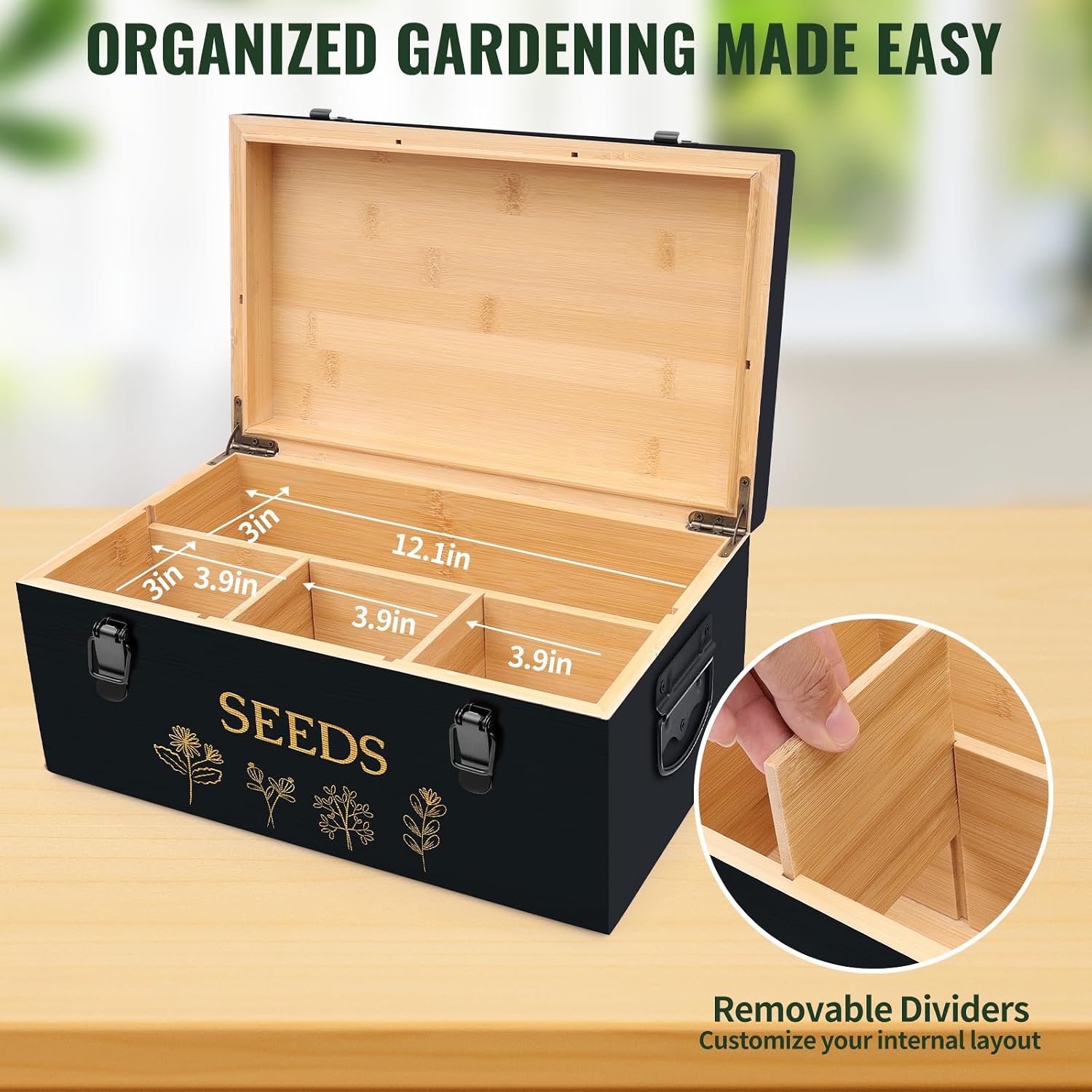Large Bamboo Wood Seed Storage Organizer Box with Lid, Double-Layer Seal Design Seed Saving Box with Premium Coated