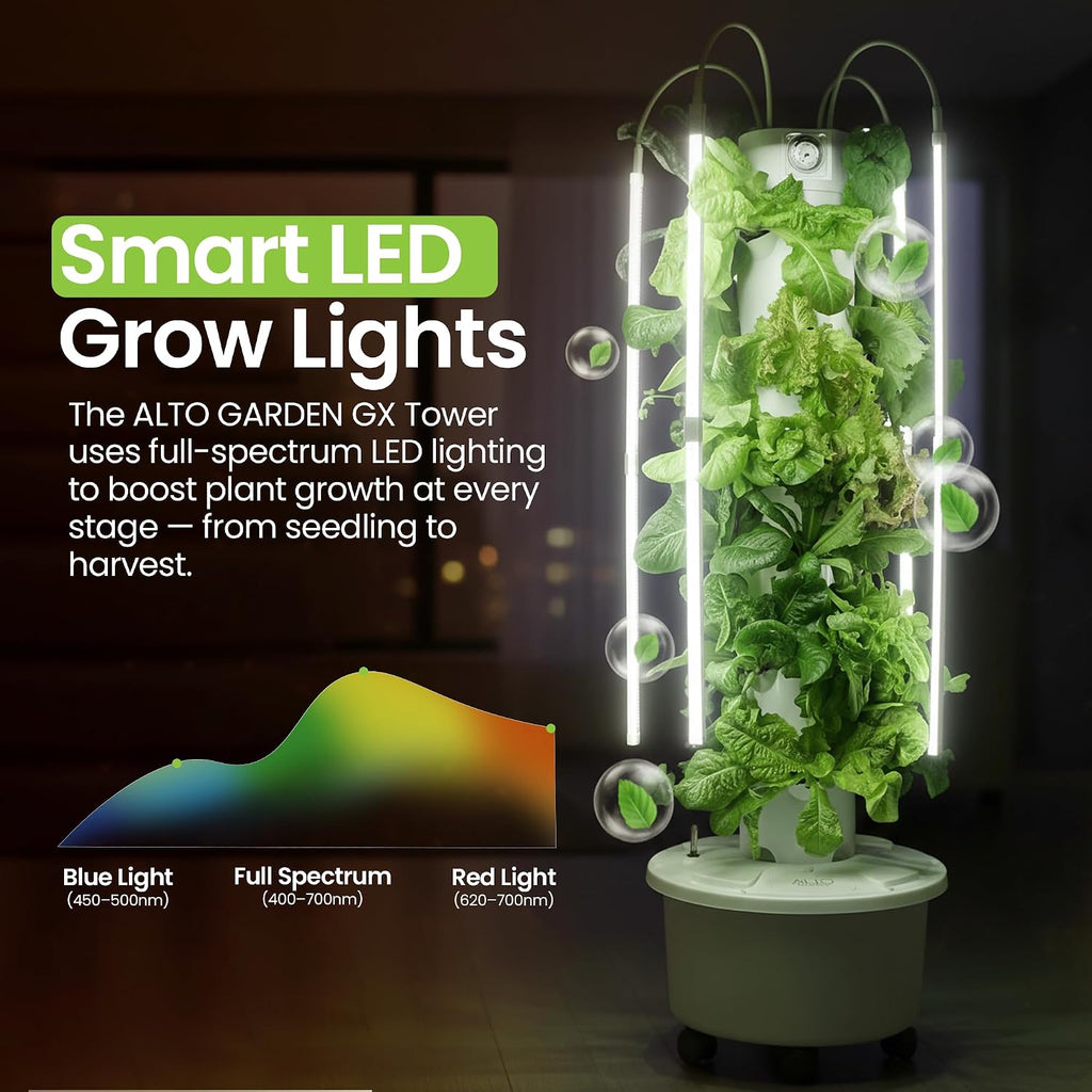 GX Hydroponic Tower | Vertical Planter Tower | Hydroponics Growing System Kit | Food Grade with 24 Net Pots (with LED