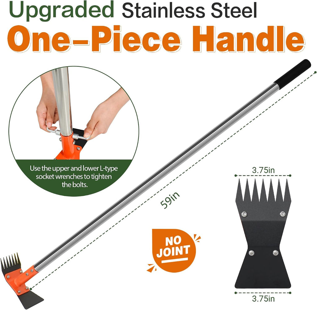 59 Inch One-Piece Handle 2-in-1 Garden Hoe and Weed Puller Tool | Weeding Tool Weed Rake Heavy Duty Spring Steel Head