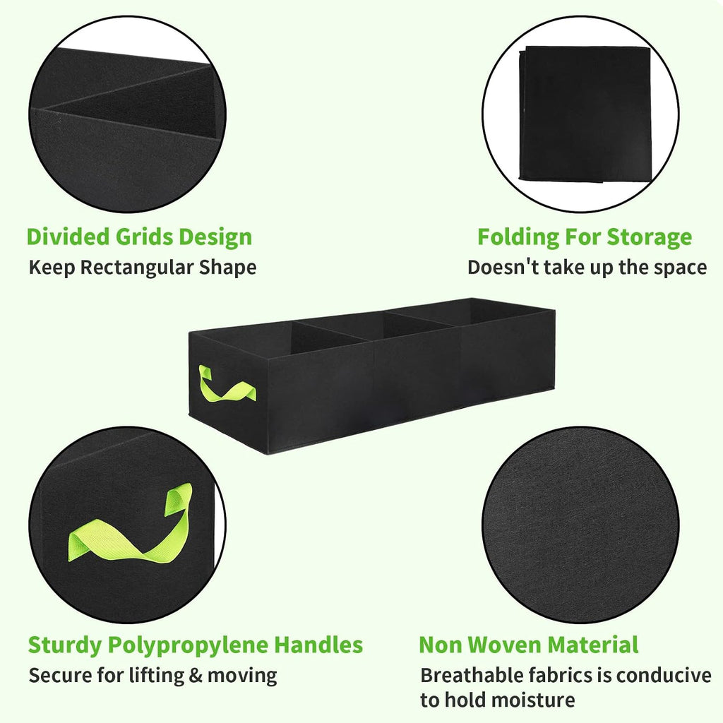 ANGELIOX 2Pcs Grow Bags, 3-Grids Rectangle Grow Bag,14 Gallon Thickened 400G Fabric Garden Bed, Nonwoven Square Flower