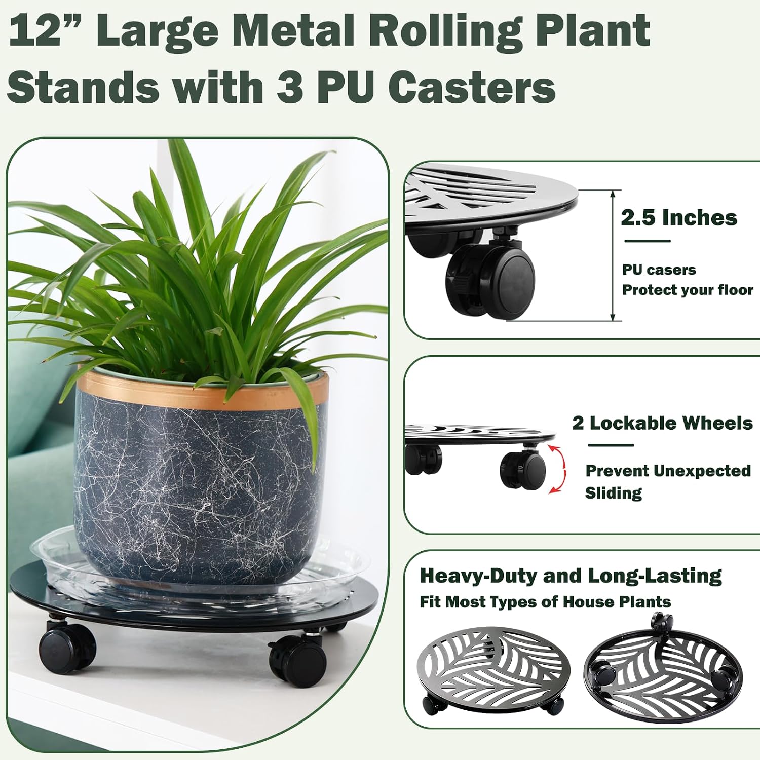 2 Packs Large Metal Plant Caddy with PU Wheels 12" Heavy-Duty Wrought Iron Rolling Plant Stands Indoor Outdoor Wheeled