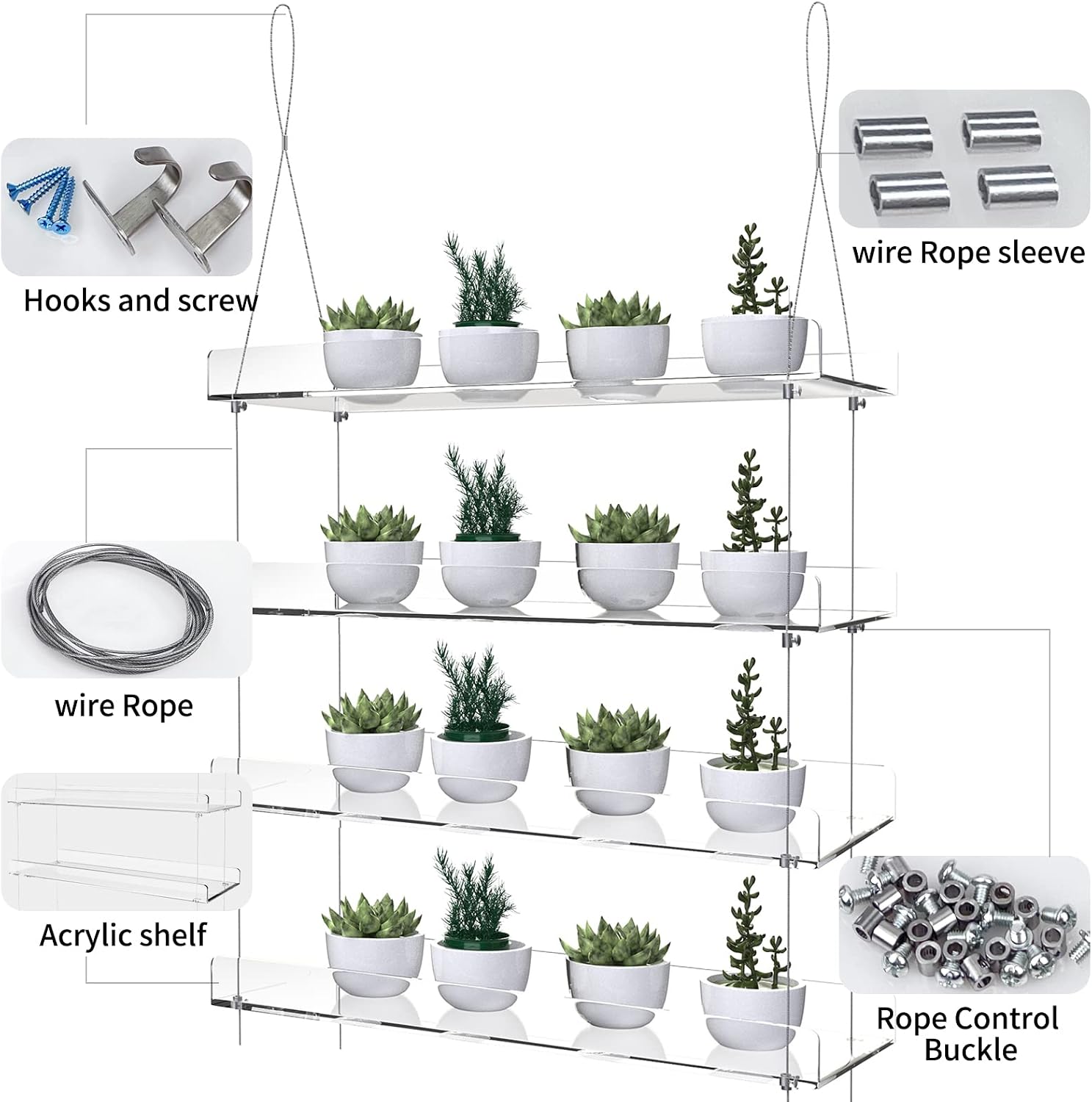 4-Tier Floating Acrylic Plant Shelf – Each Tier 16 Inch Long | Height Adjustable for Indoor Garden, Ideal for Herbs &