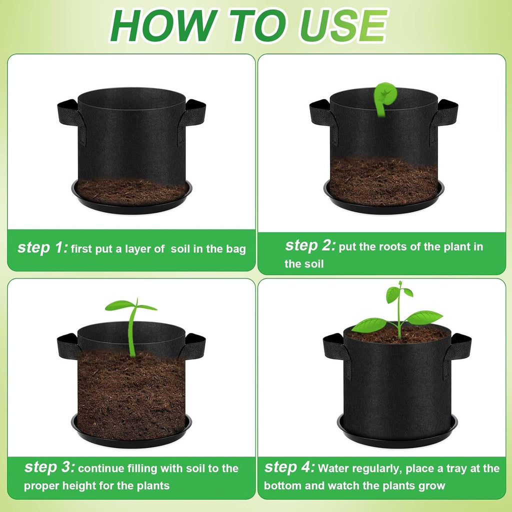 Funnymoom 24 Sets 2 Gallon Grow Bag with Plant Saucers, Durable Aeration Fabric Pots with Handles Black Drainage