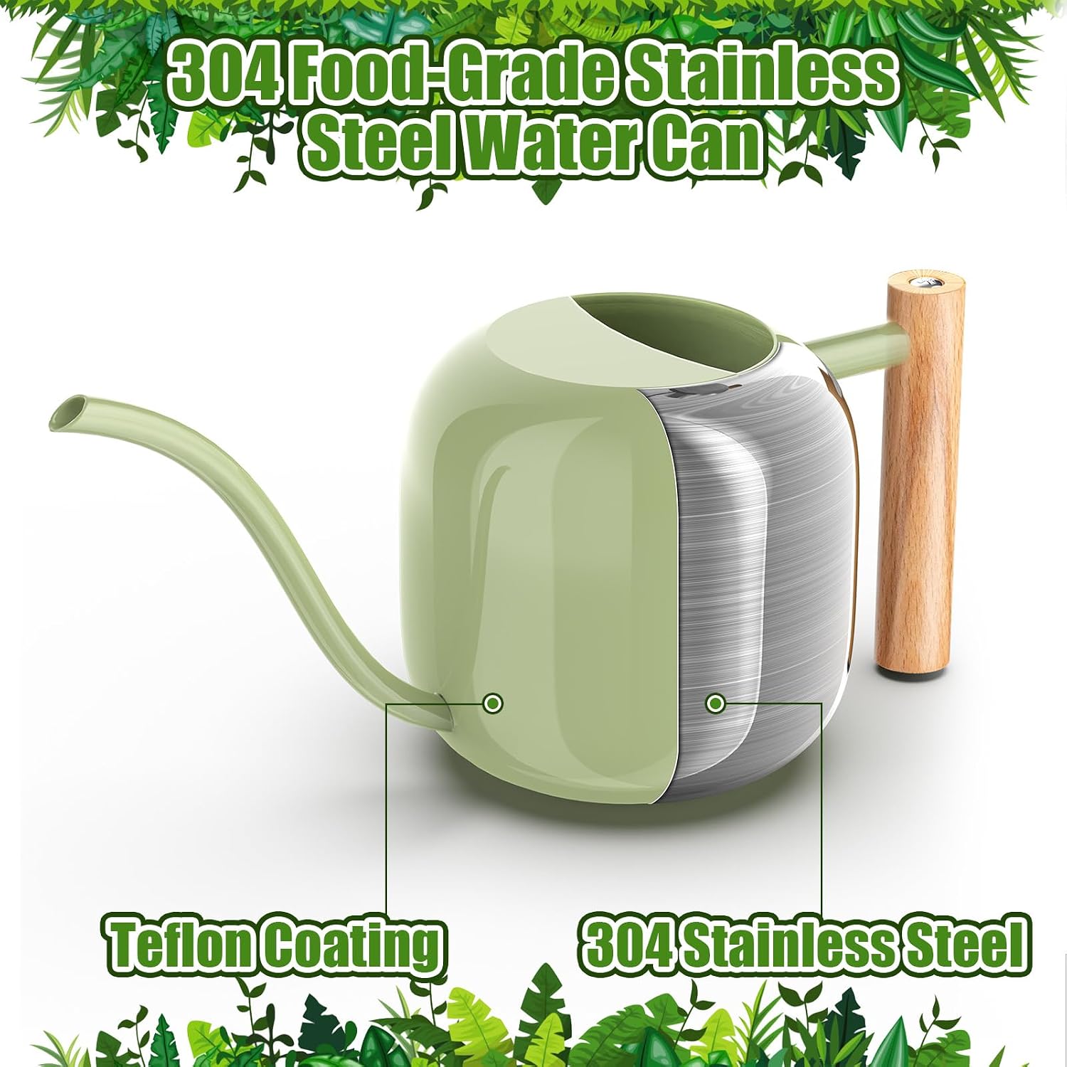 1.2L/41oz Metal Metal Watering Can with Long Spout, Sage Green | Metal Stainless Steel Watering Can for Indoor Plants