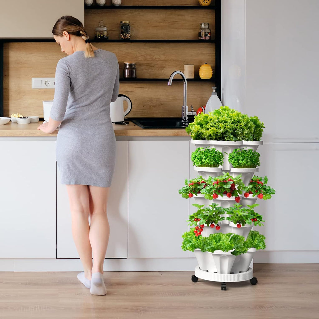 Strawberry Vertical Planters, 3 Tiered Stacking Tower Garden, Stackable Herb Vegetable Planters with Movable Casters
