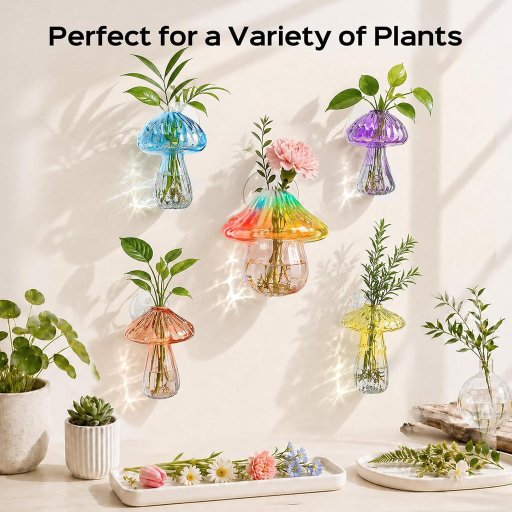 5Pcs Mushroom Propagation, Borosilicate Glass Vases, 6kg Suction Cups | Handcrafted 2.6mm thick glass|5 unique colors