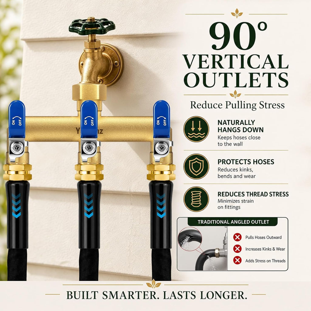3 Way Garden Hose Splitter, 3/4" GHT Brass Hose Splitter | Wide Spacing Fits Large Timers, 90° Downward Outlets, 3/4"
