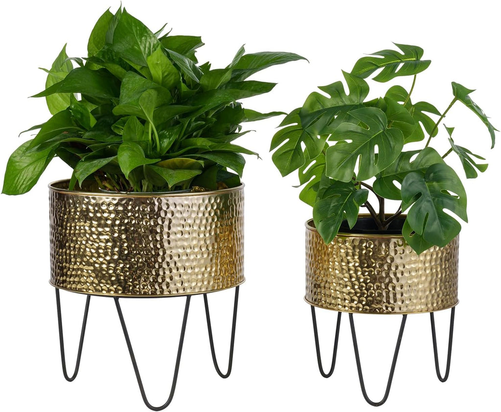 MyGift Modern Brass Metal Plant Containers with Matte Black Stands, 2 Pc | Handcrafted in India, textured planters with