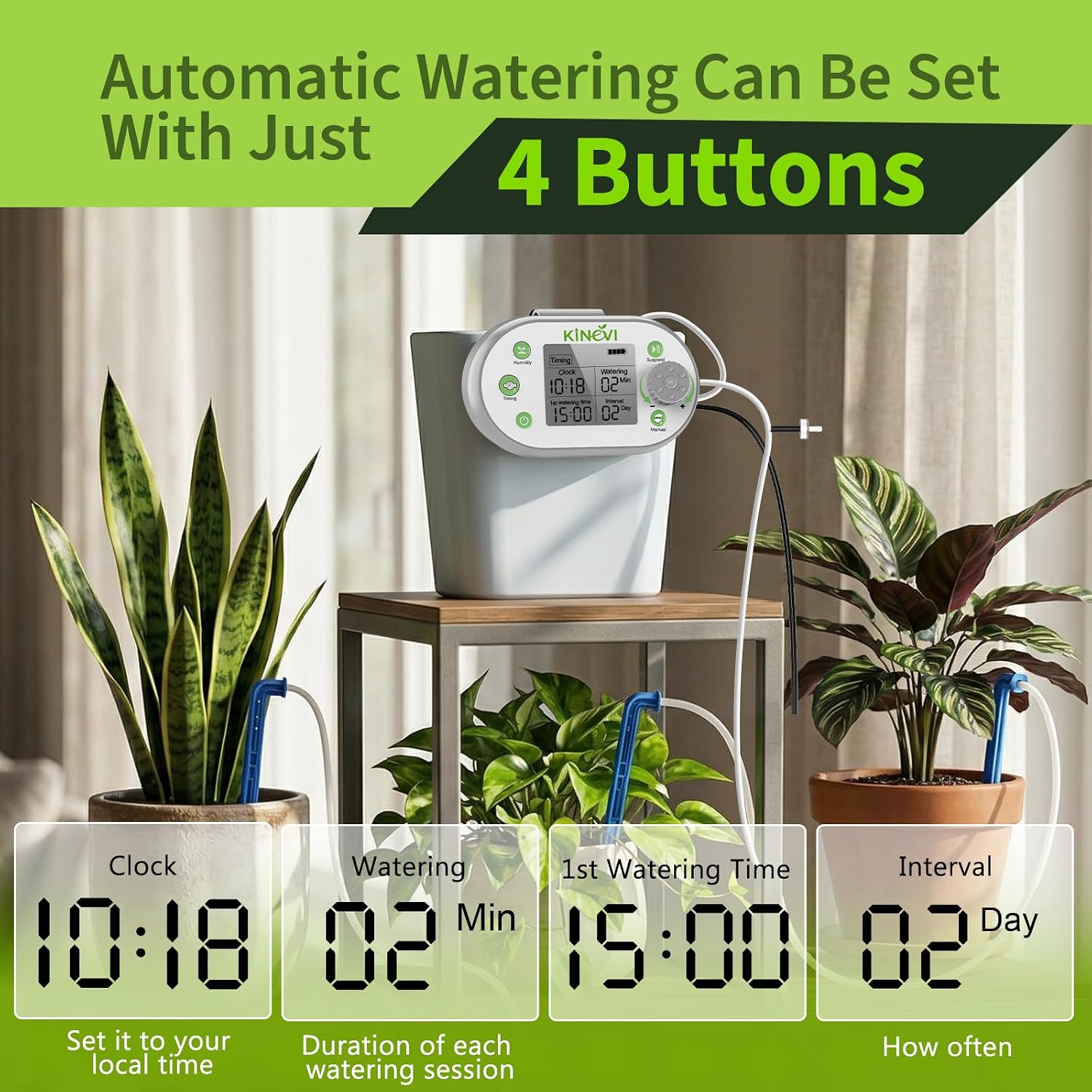 Automatic Plant Waterer for 15 Pots, Indoor Drip Irrigation Kit | Programmable Water Timer with Smart Humidity Sensor
