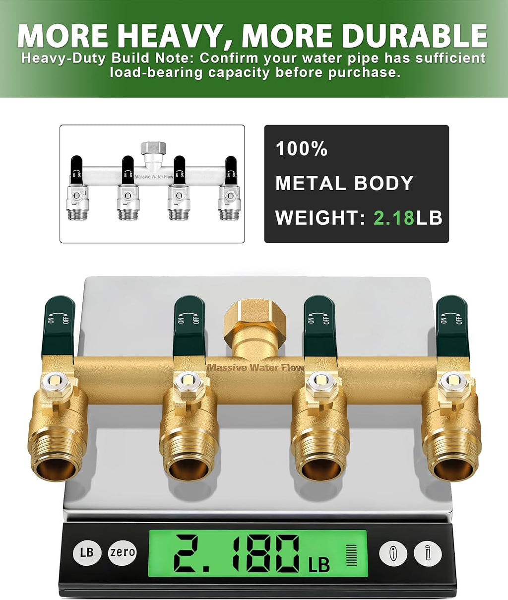 4 Way Hose Splitter, Heavy Duty Full Flow Garden Hose Splitter with 4 Large Metal Handles, Brass Water Hose Bib