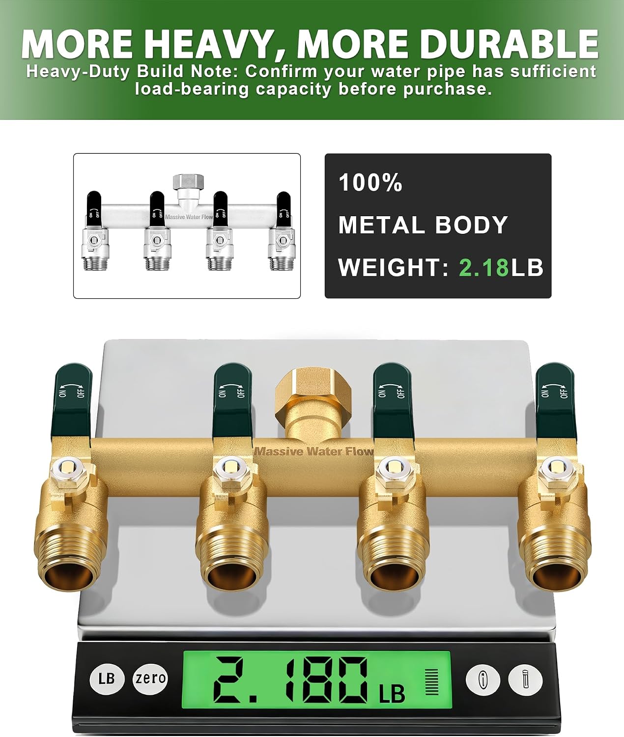 4 Way Hose Splitter, Heavy Duty Full Flow Garden Hose Splitter with 4 Large Metal Handles, Brass Water Hose Bib
