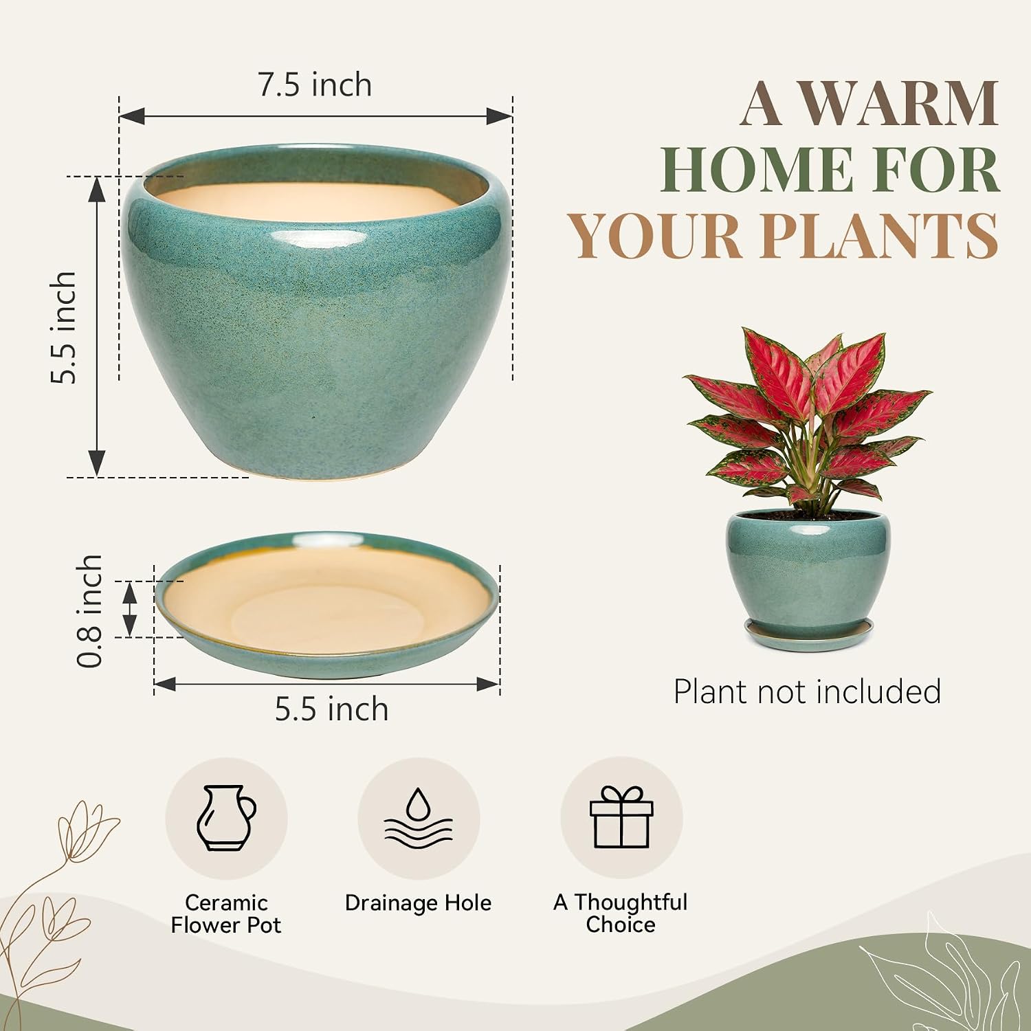 7.5 Inch Ceramic Plant Pot with Drainage Hole Mesh Net,Modern Gardening Pots for Indoor Plants with Saucer, Blue-Green