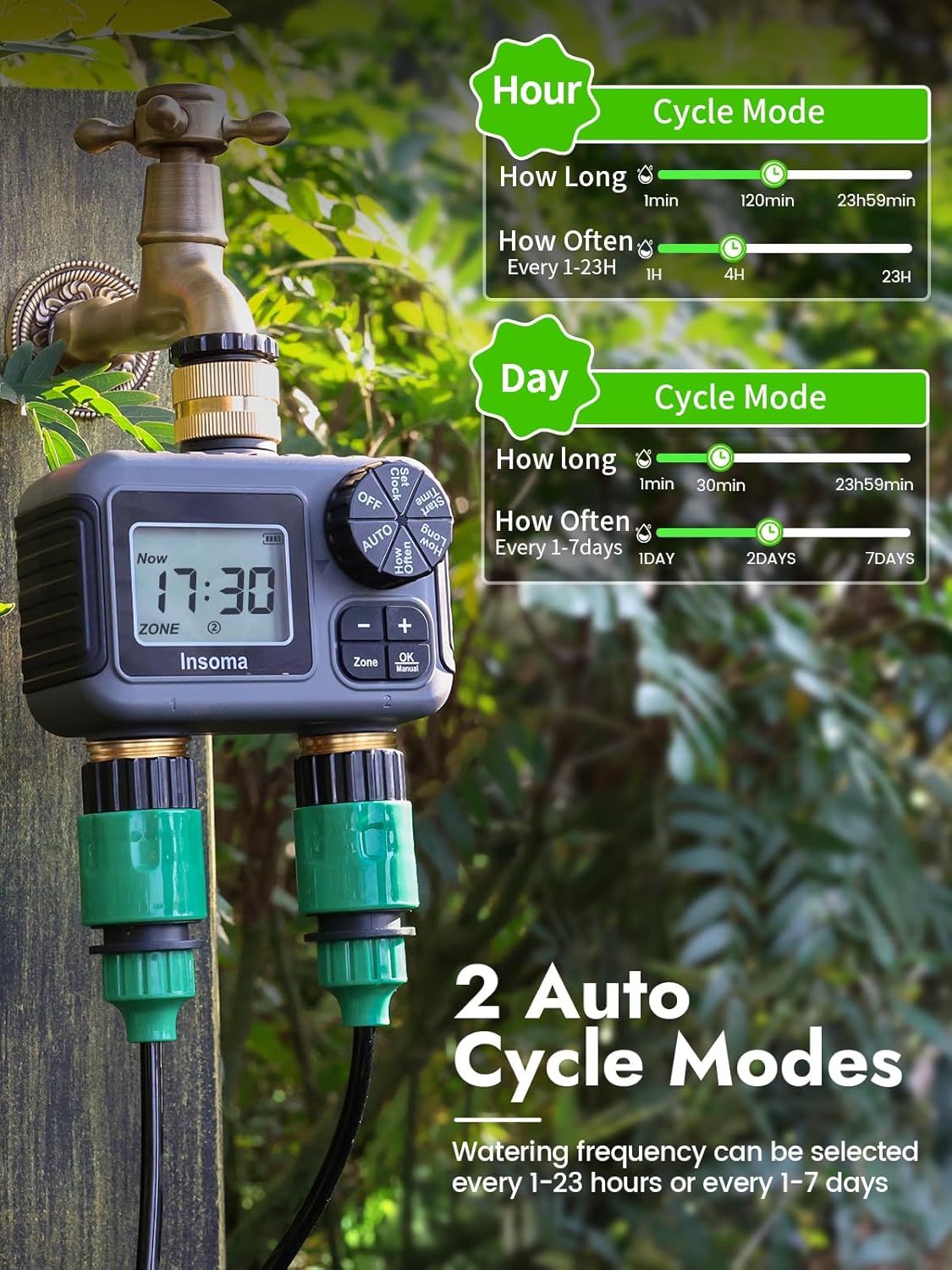 Insoma 2-Zone Water Timer Brass Inlet/Outlet, Programmable Outdoor Hose Faucet Timers with Auto/Manual Modes + Rain