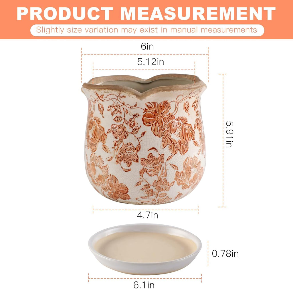 Ceramic-Planters-for-Indoor-Plants with Saucer, 6 inch Vintage Ice Crackle Glaze Plant Pots with Drainage Holes