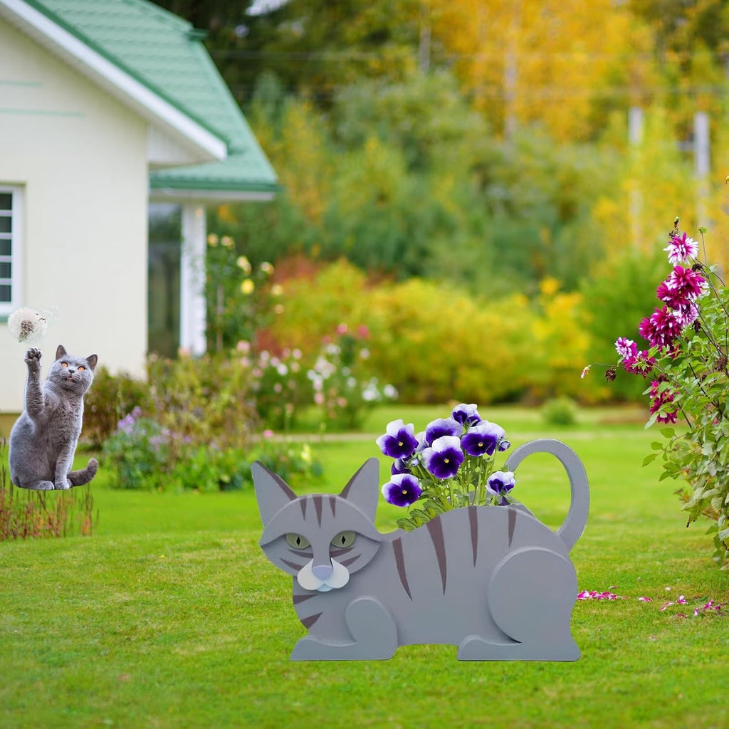 Blue Cat Planter Pots, Animal Shaped Flower Pot | Cute Plant Gift for Women and Pet Lovers, Indoor Outdoor Garden Home