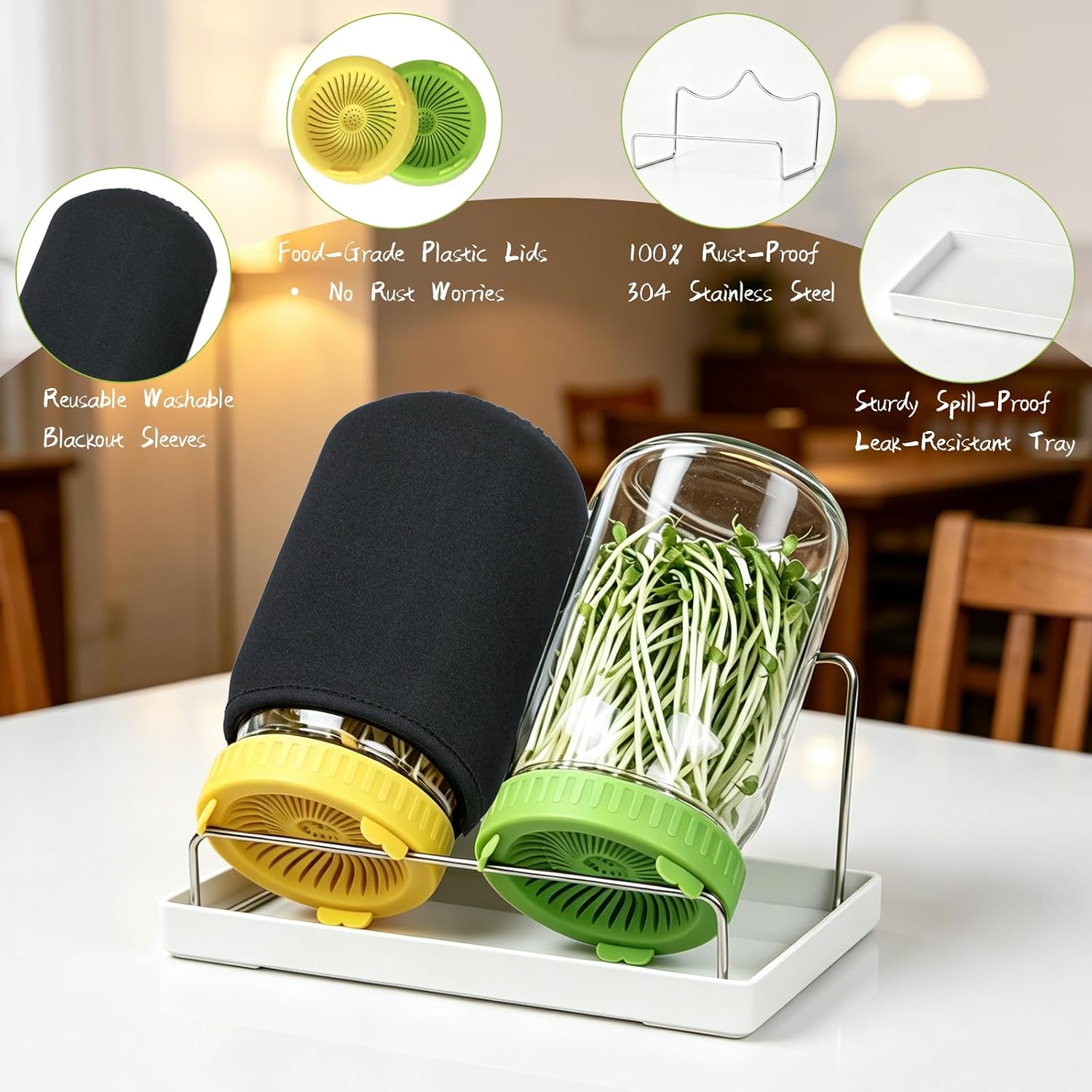 Seed Sprouting Kit - 2×32 Oz Wide-Mouth Mason Jars with Sprouter Lids, Stand, Sprout Tray & Light Shield, for Broccoli