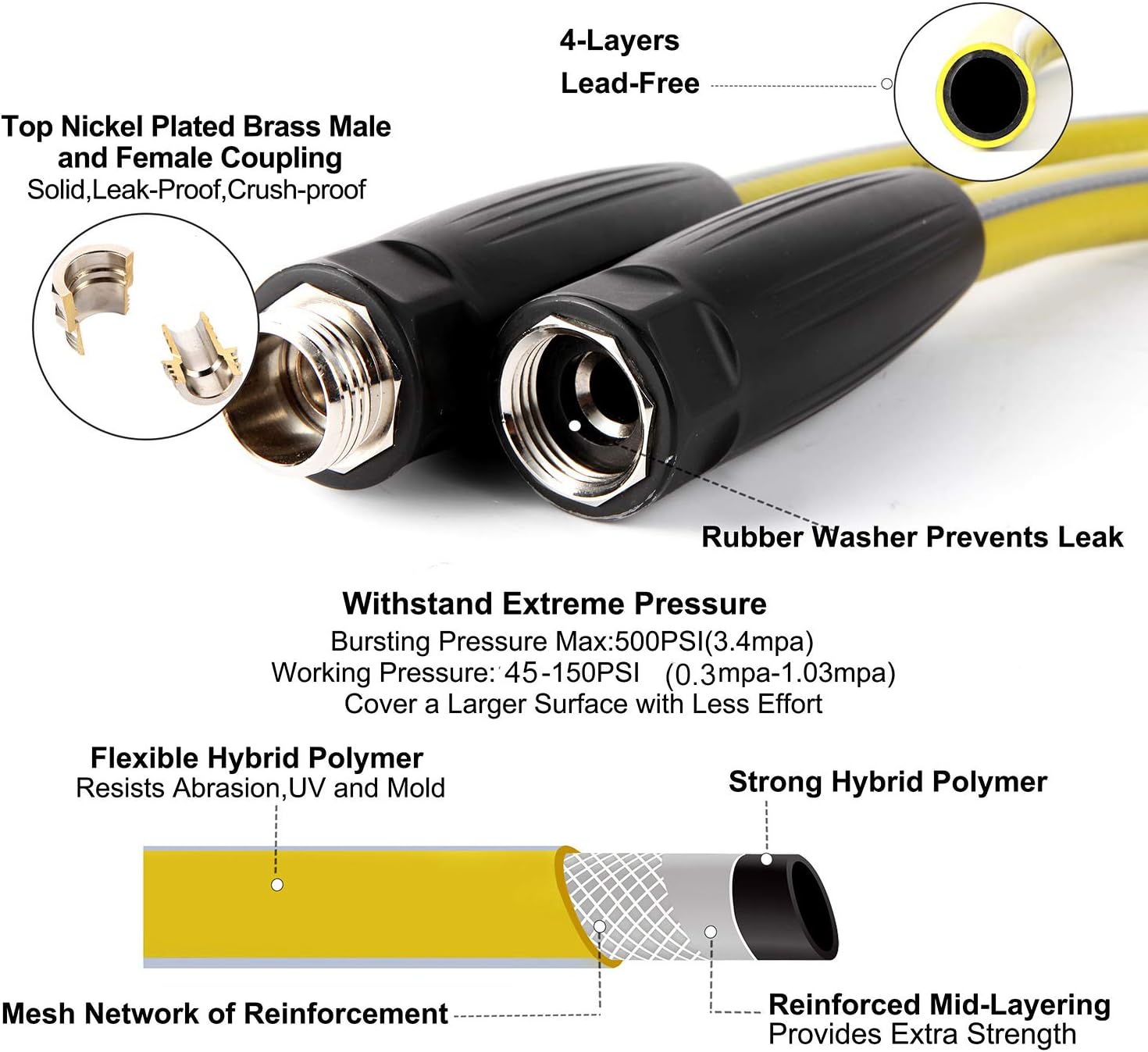 Garden Hose 75 ft Heavy Duty - Flexible Water Hose | with 9 Way Spray Nozzle and 4 Layers Hybrid-3/4’’ Nickel Plated