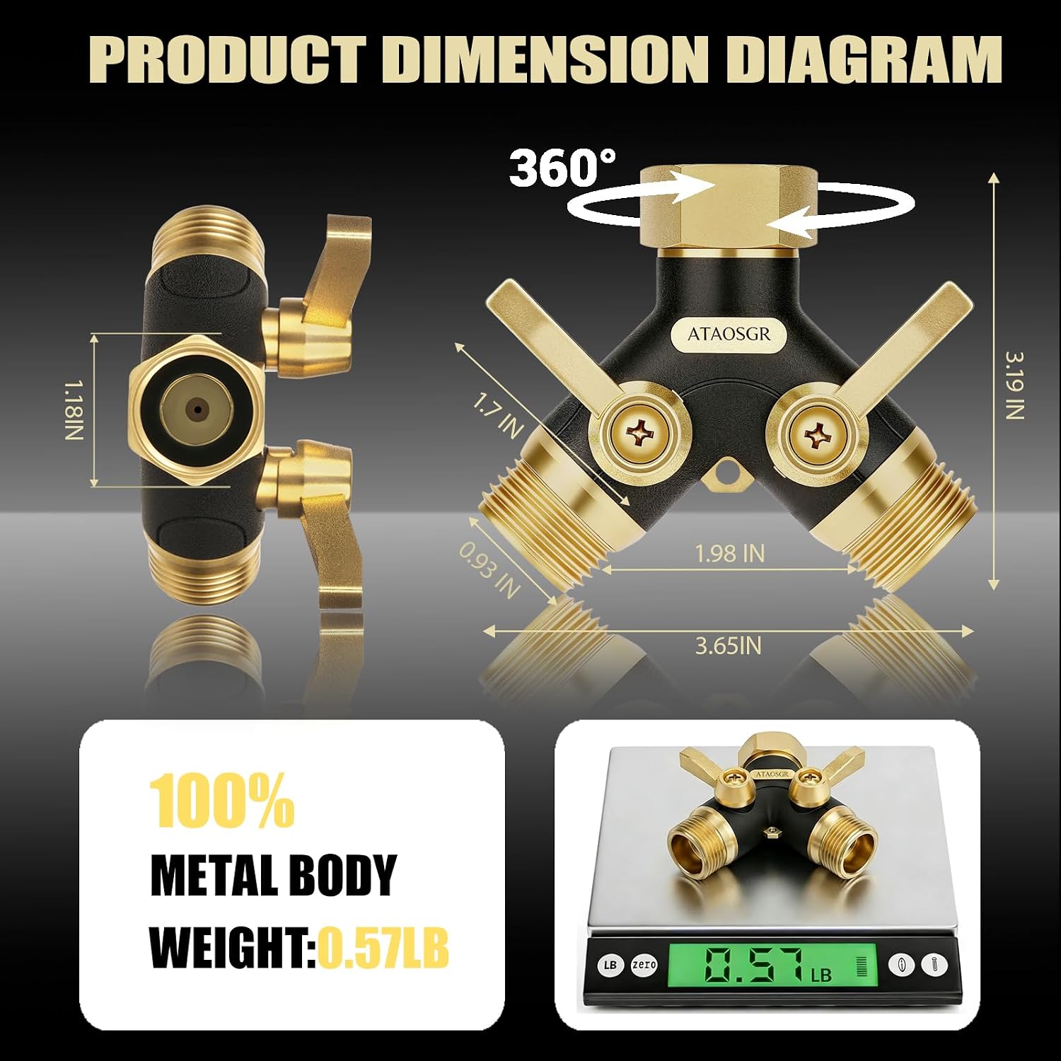 Garden Hose Splitter 2 Way Heavy Duty, Metal Body Water Hose Splitter | with Shut-Off Valve,360° Brass Swivel,3/4'' GHT