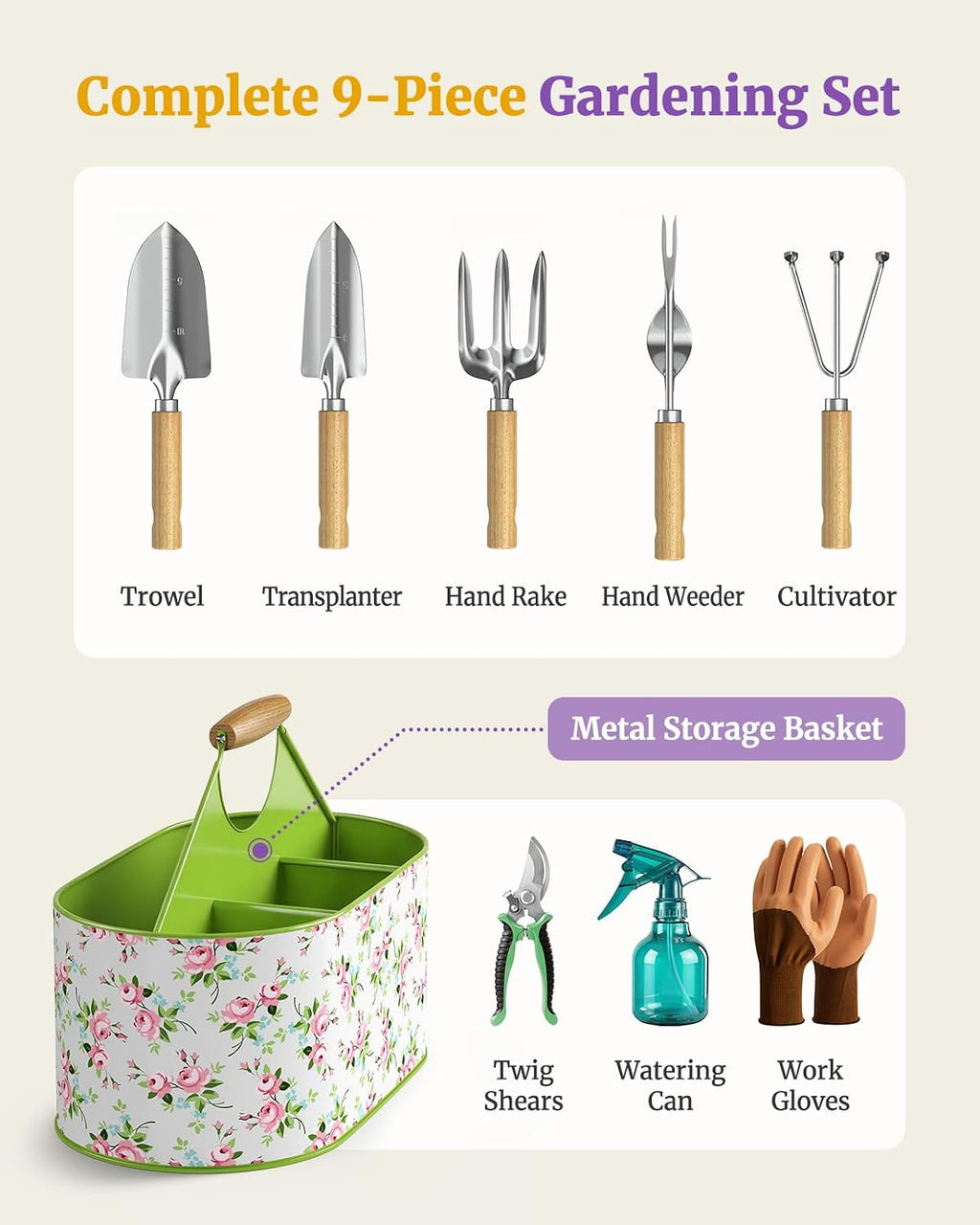 9Pcs Garden Tool Set with Stainless Steel Tools&Metal Basket, Pink | 5 Wood Handles, Rust Resistant, 4 Compartment