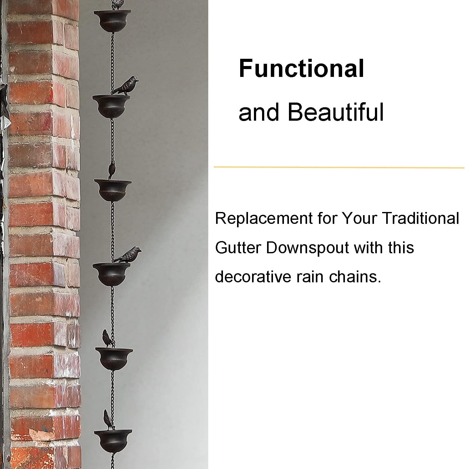 Jemeni 12 Feet Metal Bird Rain Chain, Bird Rain Catcher Chain, Dark Bronze | Decorative & Functional Rain Chains for