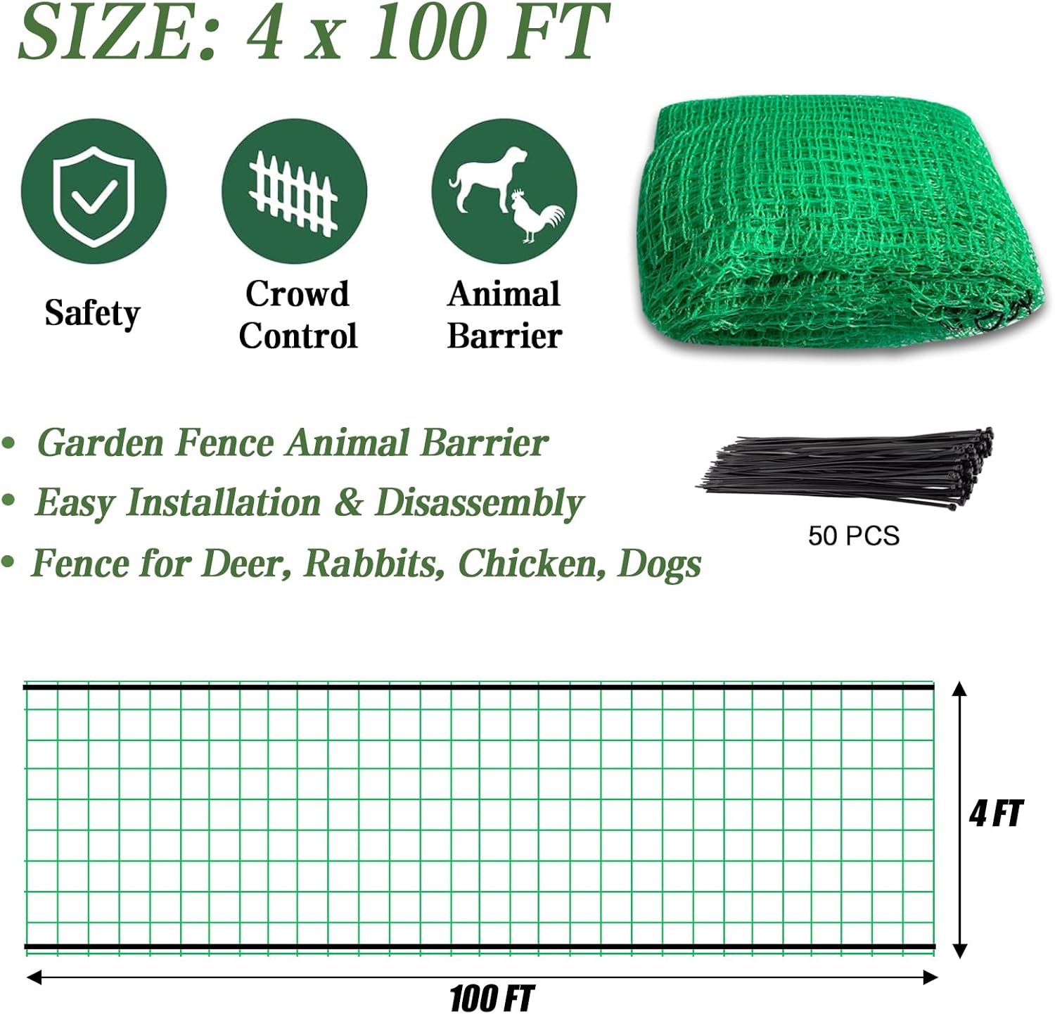 4x100 FT Garden Fence,0.4" Mesh Plastic Fencing Deer Netting Roll | Temporary Fence,Snow Fence,Safety Fence,Deer Fence
