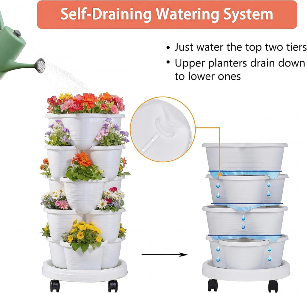 VECELO 5 Tier Vertical Garden Planter, Self Watering Stackable Planters with Wheels for Strawberries, Herbs, Flowers