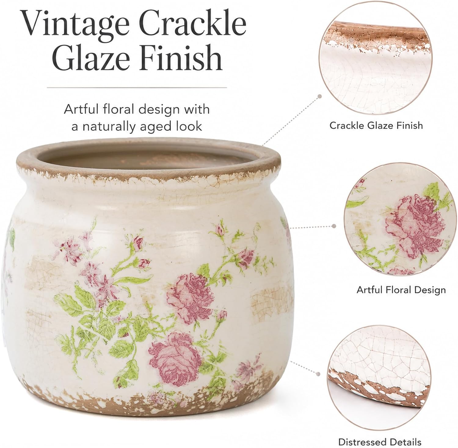 Dosayes Vintage Plant Pot, Pink, 6.29 inch Ceramic Flower Pot | Rustic Floral Design with Crackle Glazed, Farmhouse