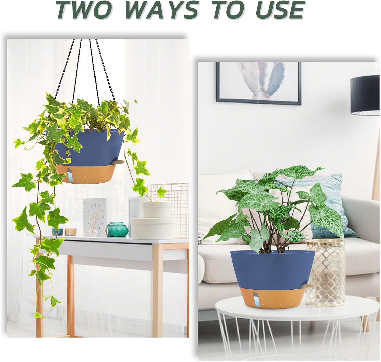 ZMTECH 12 Inch Hanging Planters for Indoor Plants, Large Blue Self Watering Hanging Planter with Visible Water Level &