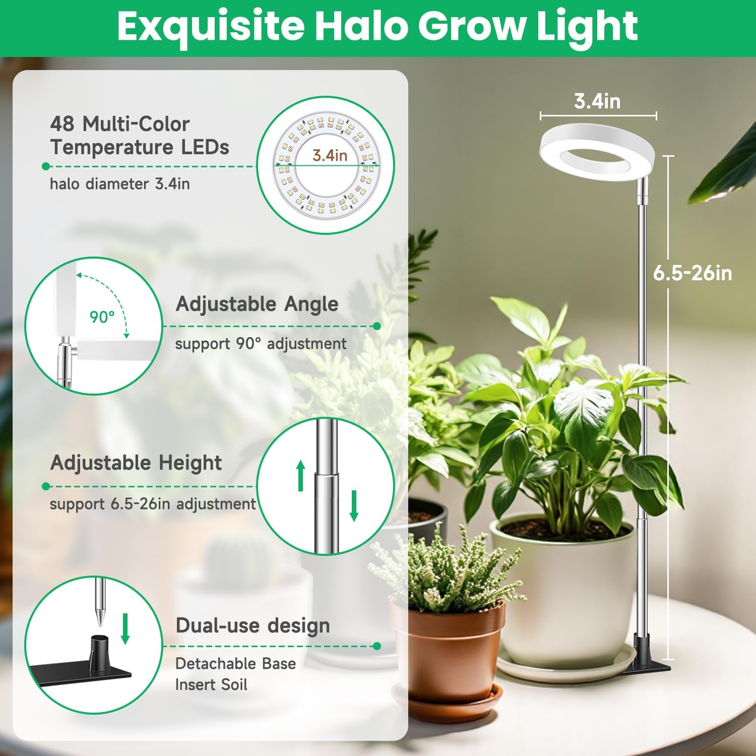 Aokrean Grow Light, Full Spectrum Plant Lights for Indoor Growing with Base | 48 LEDs Halo Plant Light for Small