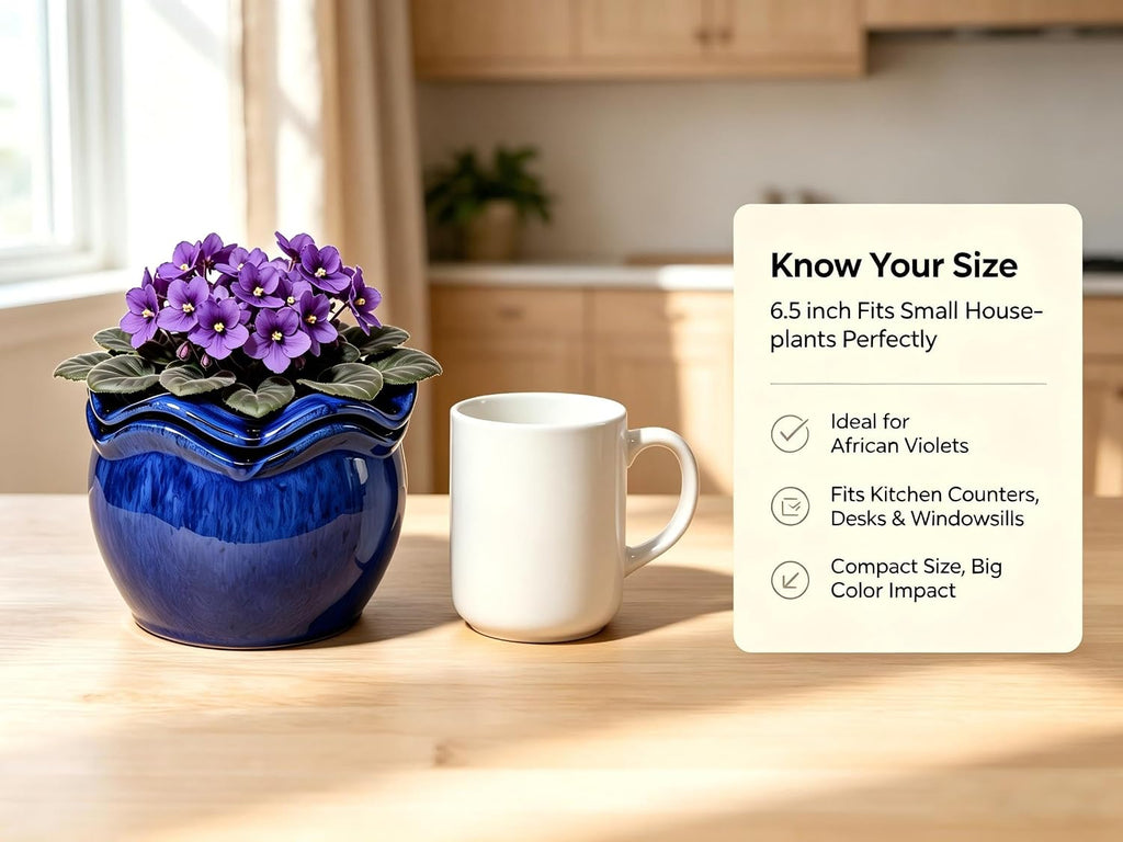 Ceramic Self-Watering African Violet Pots for Indoor Plants | 6.5 inch, Falling Blue, reactive glaze, self-watering