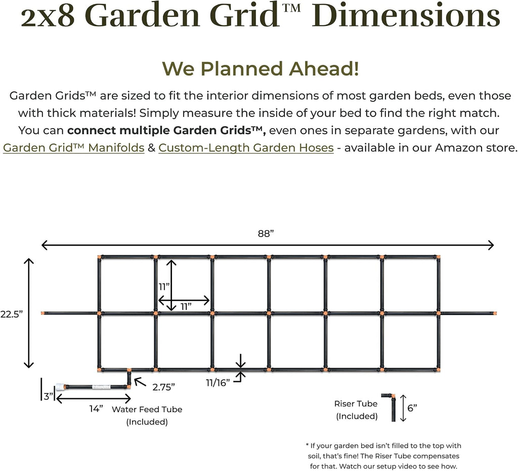 Garden Grid 2x8 | Garden Watering System for Raised Garden Bed | Cornerless | Pre-Assembled 1-Min Setup, Raised Bed