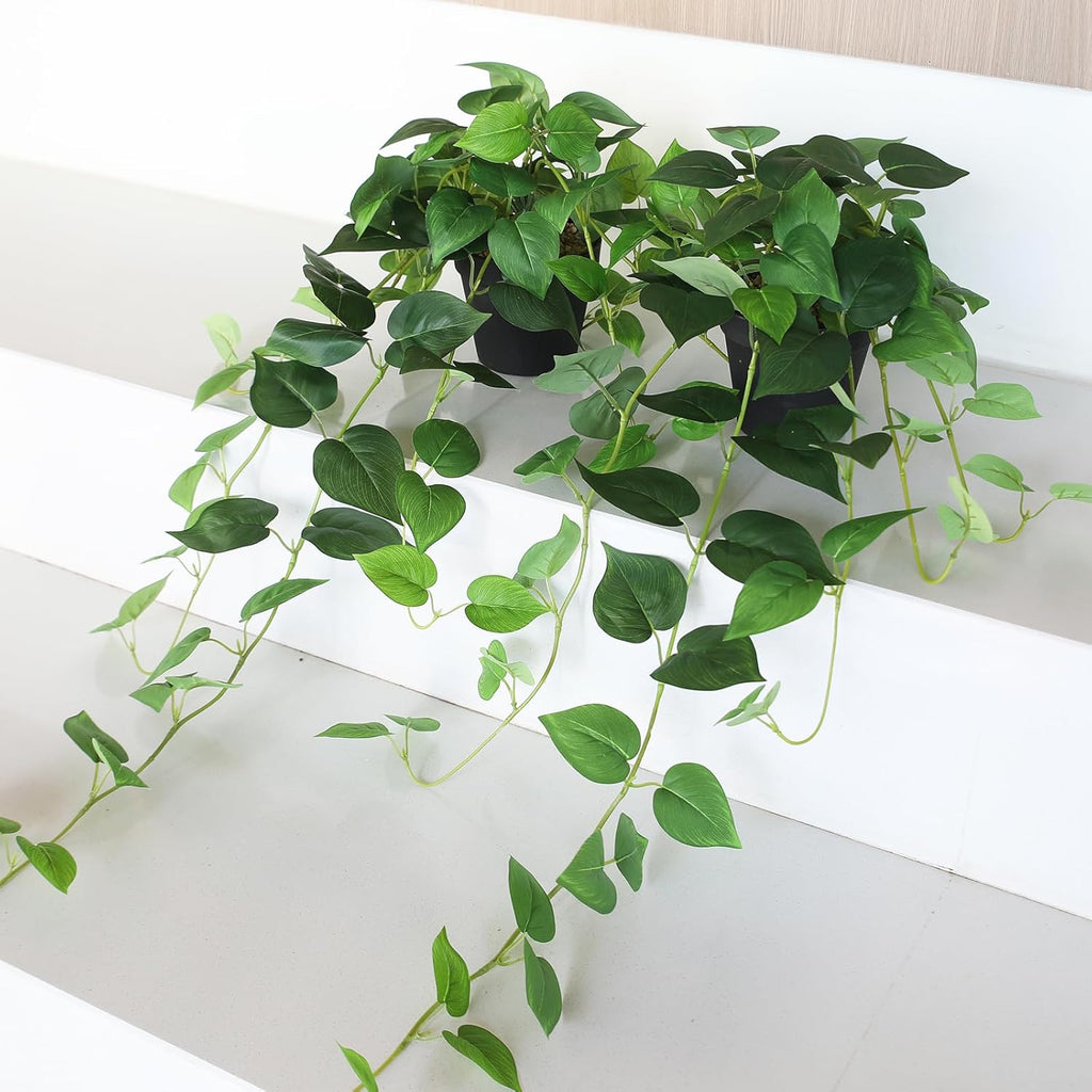alyptus Fake Pothos Hanging Plants – 33" Set of 2 Faux Ivy Vines with Pots Realistic Silk Devil’s Ivy for Indoor Décor