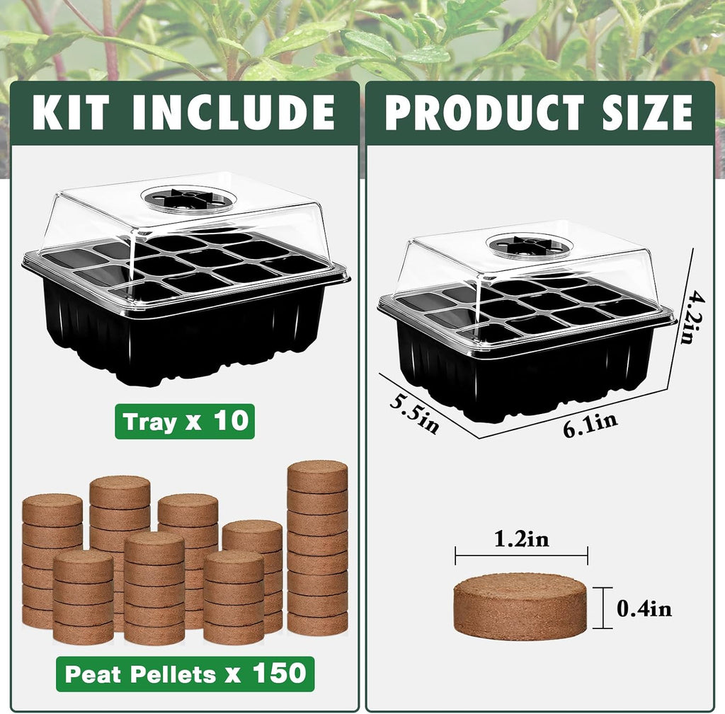 10 Set Seed Starter Tray Kits with 150 Pack Coco Coir Pellets | Adjustable Humidity Seed Germination Trays, Mini