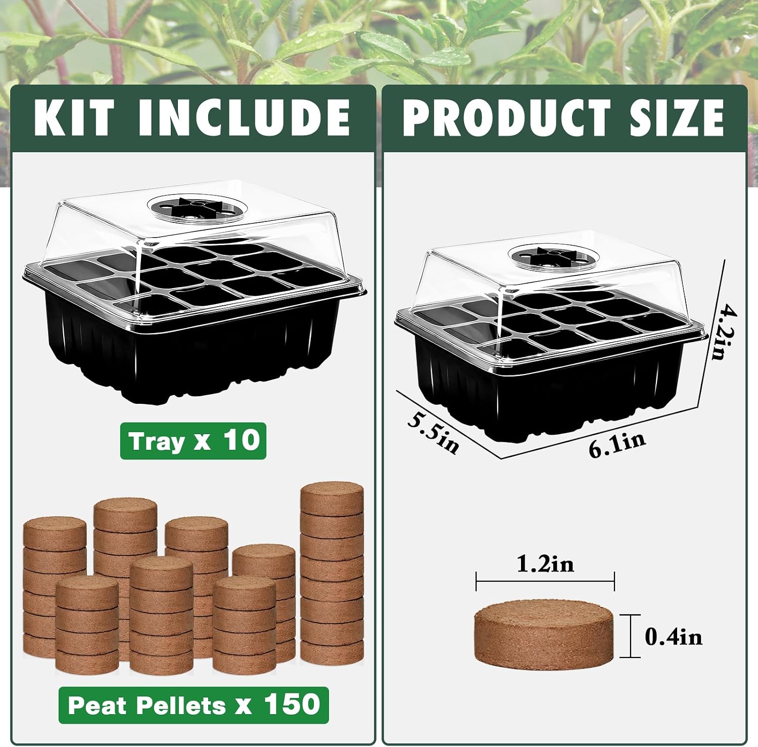 10 Set Seed Starter Tray Kits with 150 Pack Coco Coir Pellets | Adjustable Humidity Seed Germination Trays, Mini