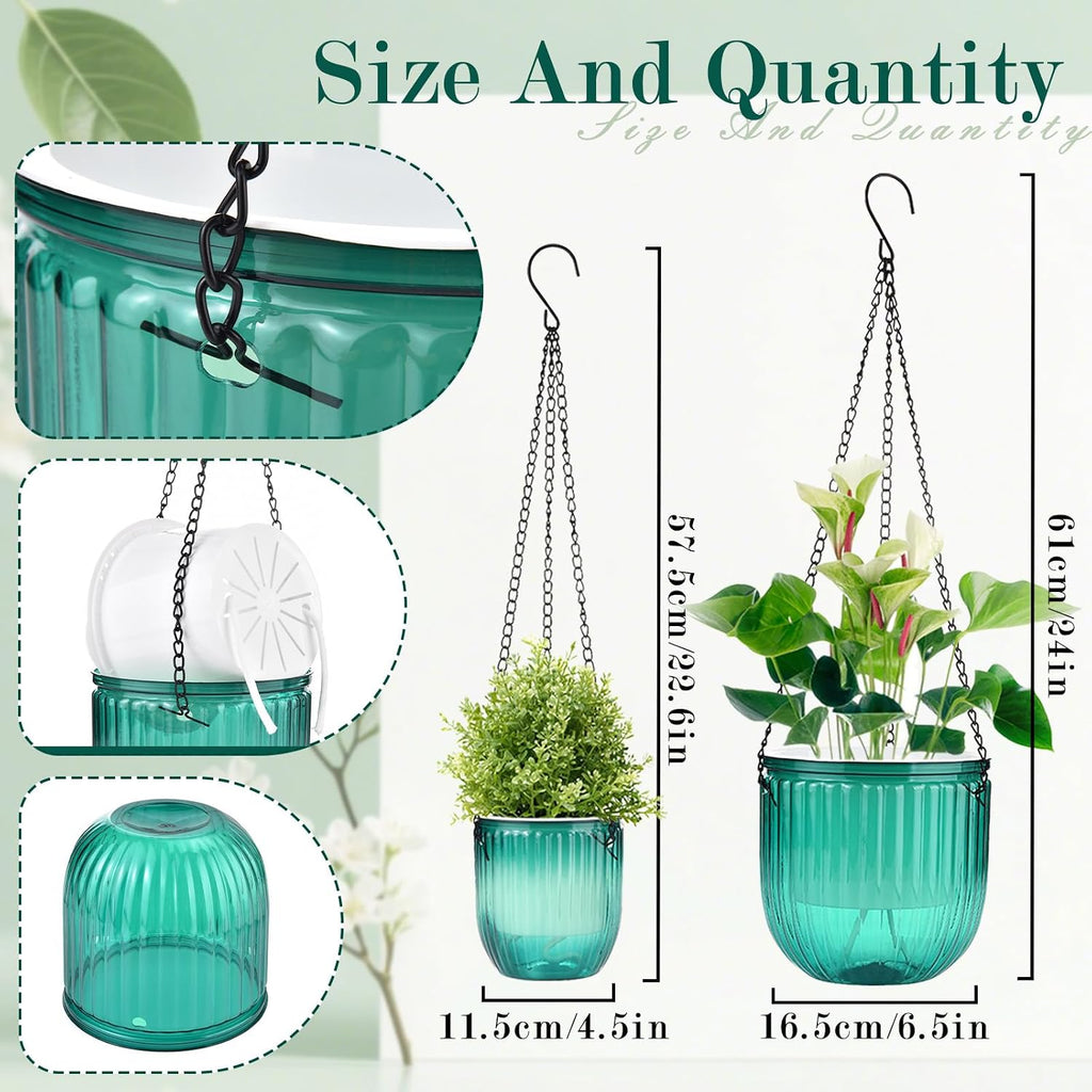 4 Pack Self Watering Hanging Planters with Drainage Holes Green