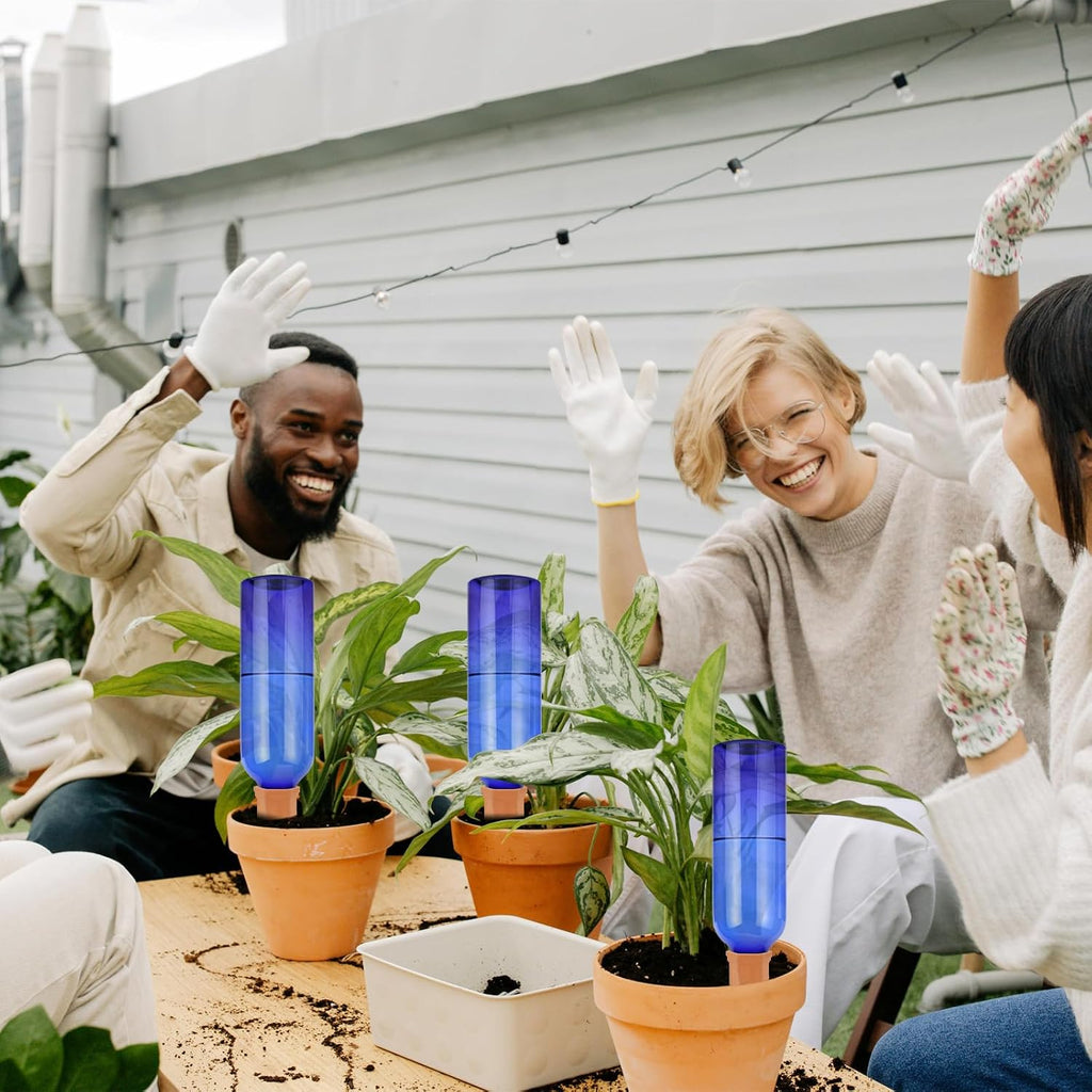 TINSKY 6 Sets Plant Watering Devices Terracotta Self Watering Spikes and 26 Oz Plastic Blue Bottles Slow Release