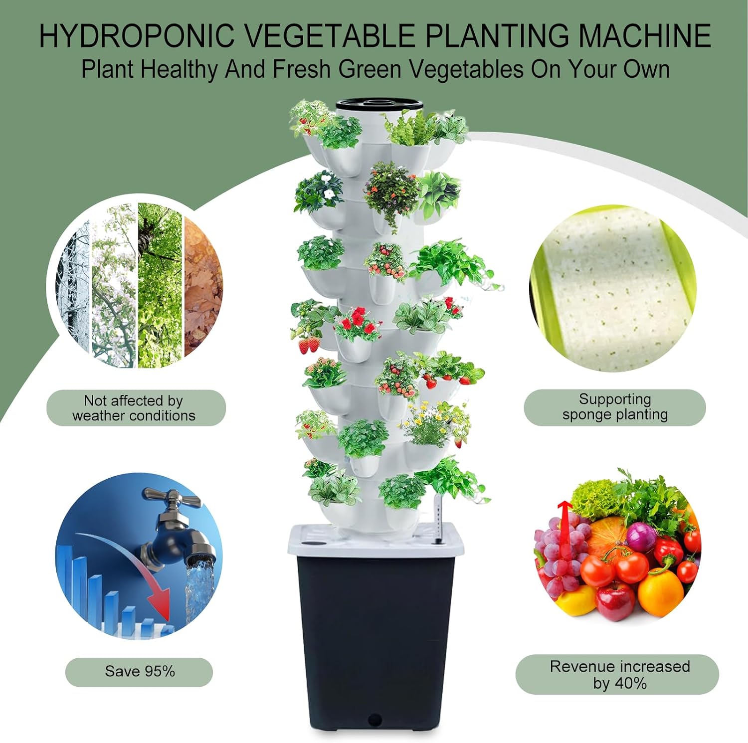 Hydroponics Tower Indoor Growing System Vertical Garden Planter Indoor Smart Garden Kit with Pump and Movable Water