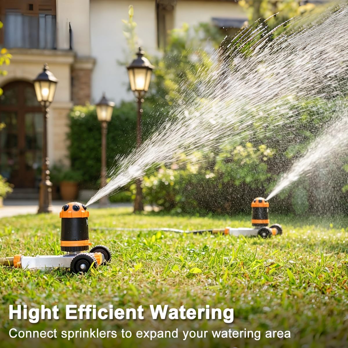 FANHAO Gear Drive Lawn Sprinkler with Metal Wheel Base, Heavy Duty 6-Pattern Water Sprinkler System, Adjustable