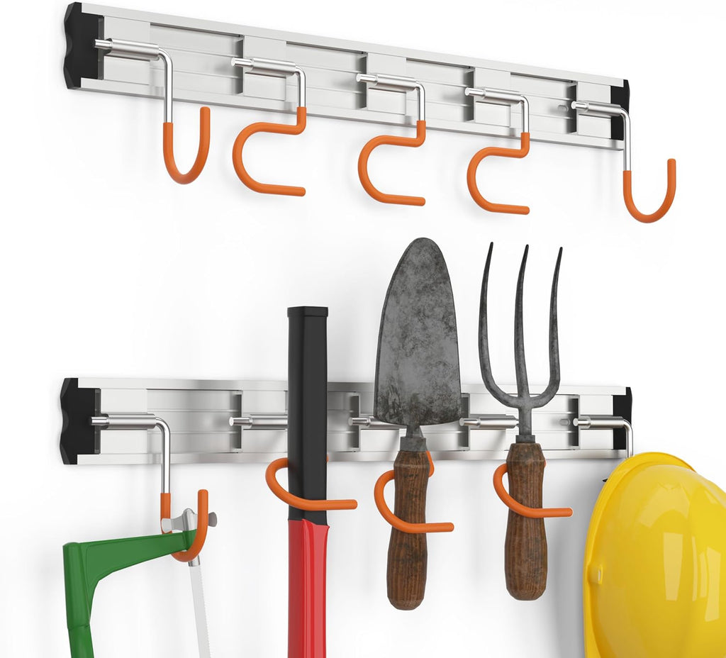 HUPBIPY 34.5'' Aluminum Alloy Garden Tool Organizer Wall Mount Garage Organizers and Storage with Hooks Tool Hangers
