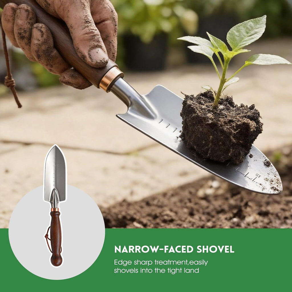 Garden Tools, 4 Pack Garden Shovel with Wooden Handles Hand Tools with Transplanting Hand Shovel, Rake and Root Picker