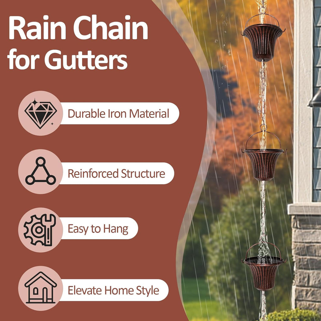 12.4FT Rain Chain for Gutters and Outdoor Drainage with 12 Cups | Iron Red Copper Cup Design, Adjustable Length, Easy