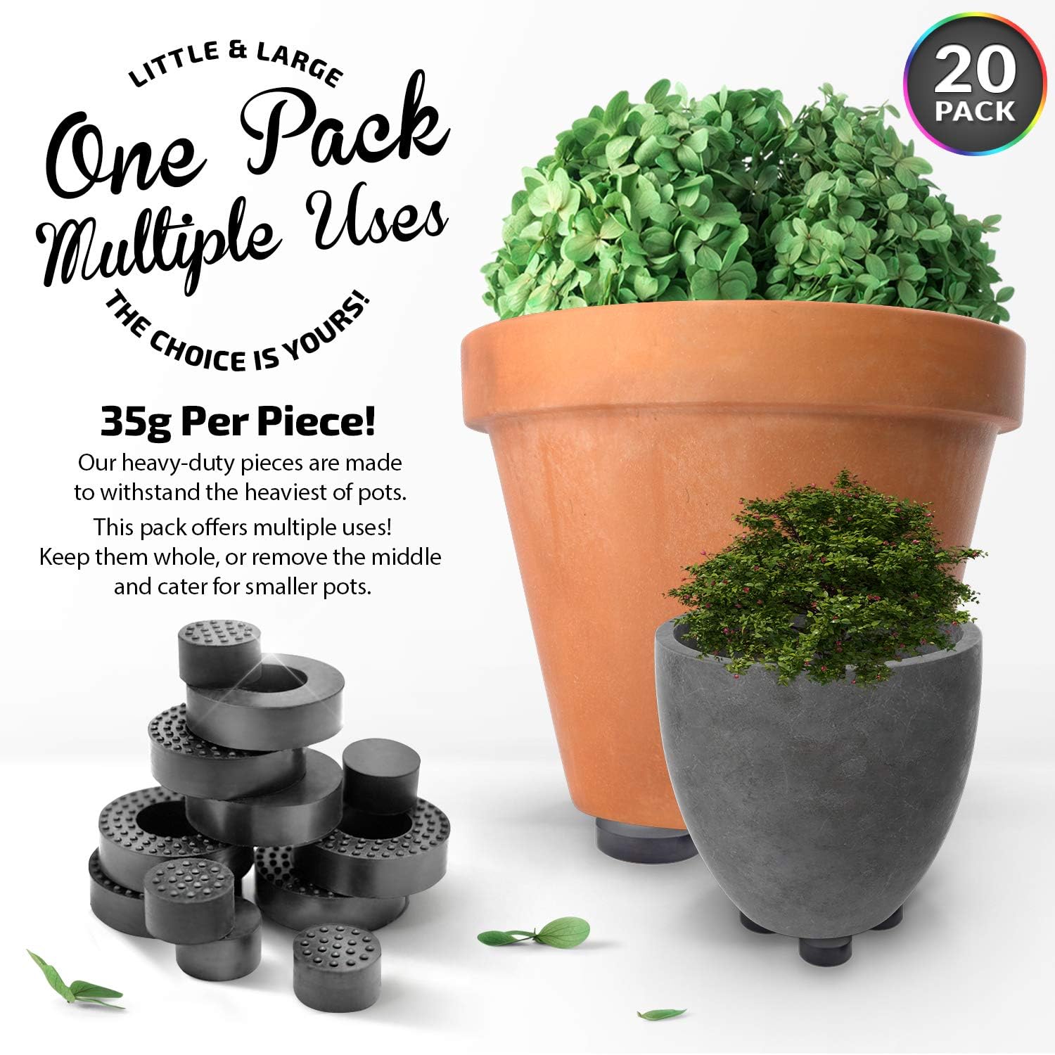 Little & Large Plant Pot Feet, Dual Size, 20 Pack | solid rubber outdoor pot feet, dual-size pot risers, patios, decks
