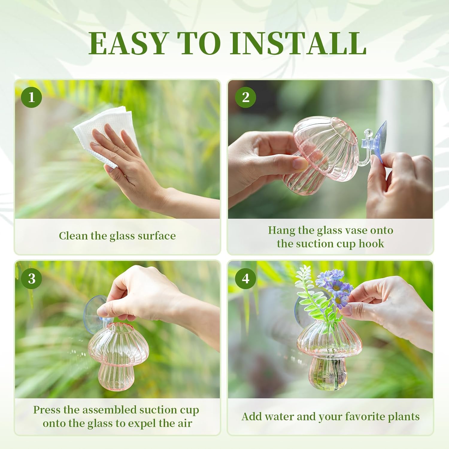 Glasseam Window Plant Propagation Station: 4Pcs Glass Hanging Mushroom Vase | With Suction Cup, Colorful, Cute
