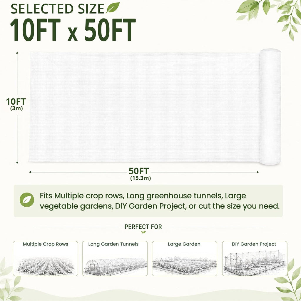 10Ft x 50Ft Garden Netting, Fine Mesh Insect Netting for Plant Protection | Mosquito Bug Bird Animal Pest Barrier