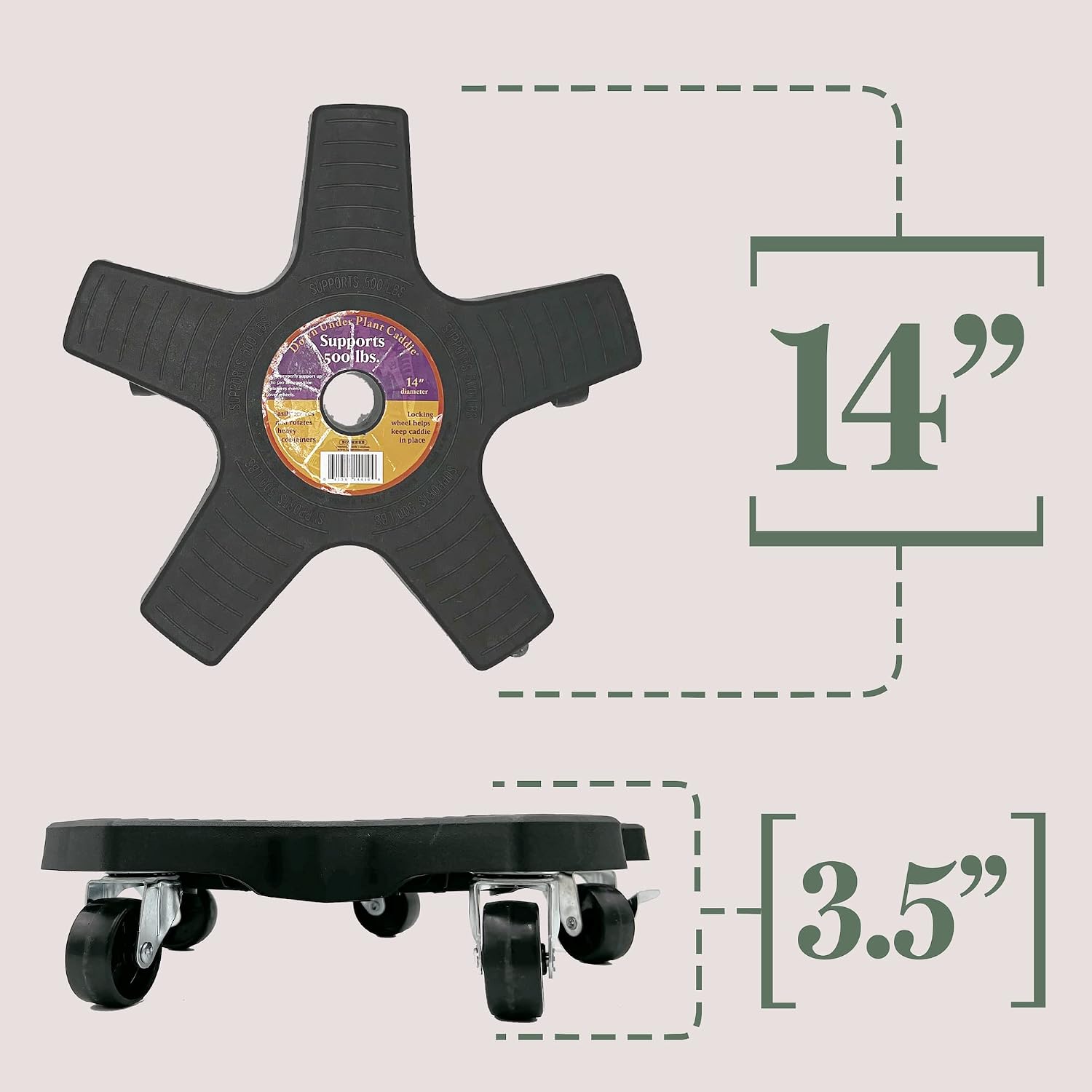 Bosmere 14" Plant Caddie - Heavy-Duty Rolling Plant Stand with Locking Wheels, 500 lb Capacity – Durable Plant Caddy